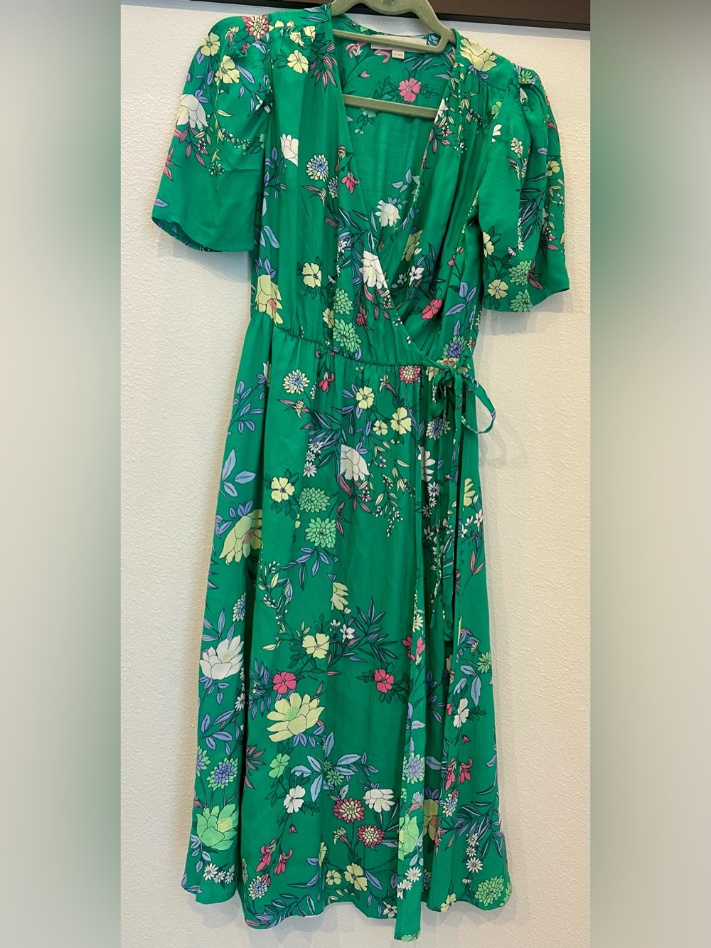 LOFT Green Floral Wrap Midi Dress